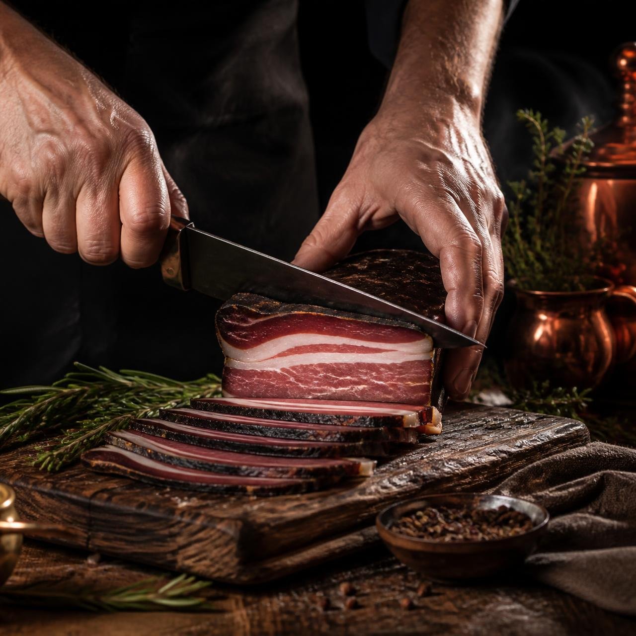 Mãos de chef fatiando bacon artesanal sobre tábua de madeira escura